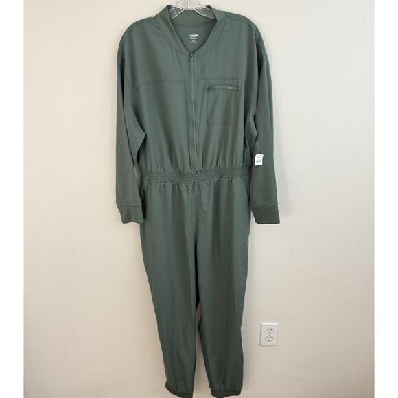 Old Navy Stetchtech Jumpsuit Women Large Solid Green Cropped Zip Bomber - Picture 1 of 16
